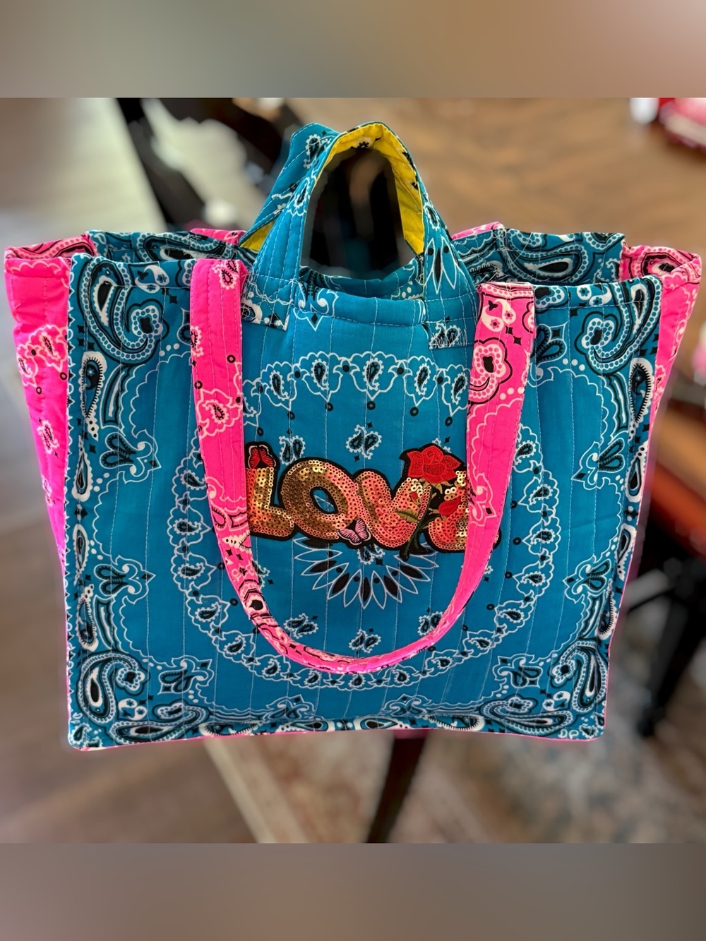 WHERE DID YOU GET THAT BAG Handmade Quilted Bandana Bag Turquoise & Pink - Picture 3 of 16